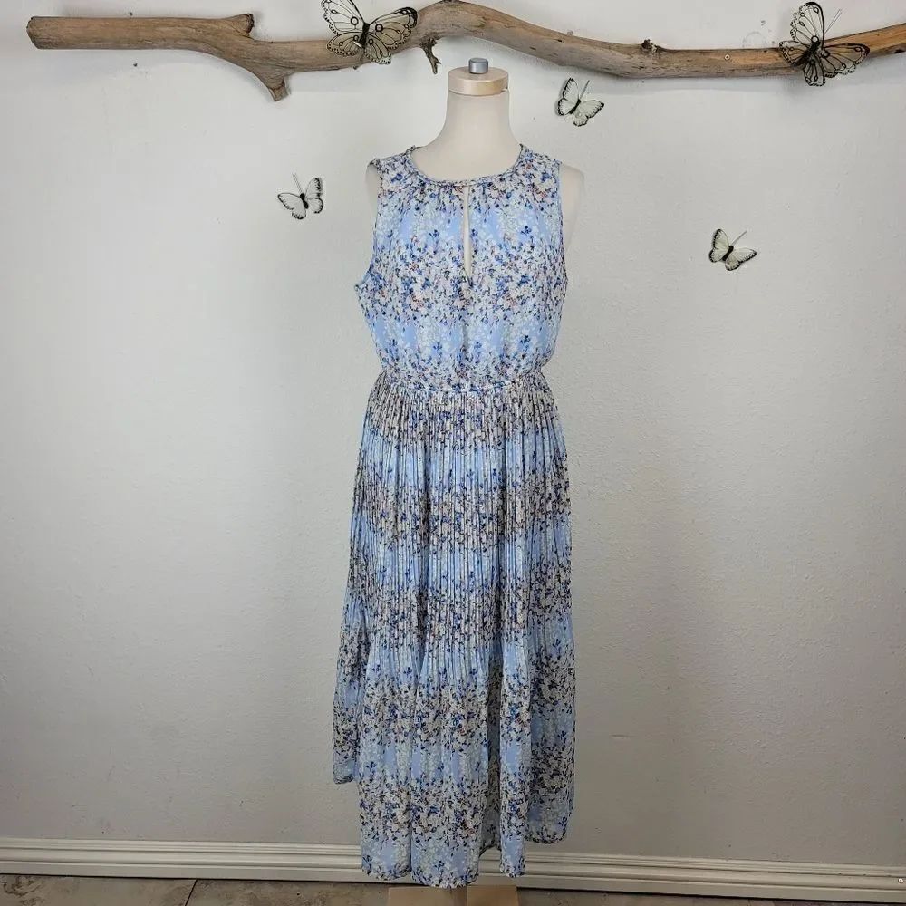 Maison Jules blue micro pleated floral dress